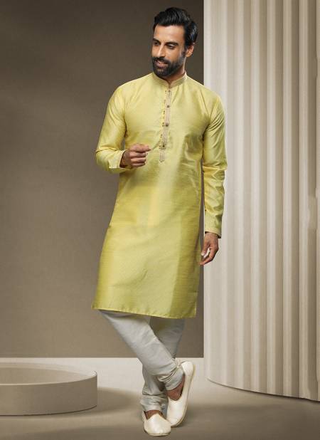 Lemon Colour New Ethnic Wear Mens Jacquard silk Kurta Pajama Collection 1543